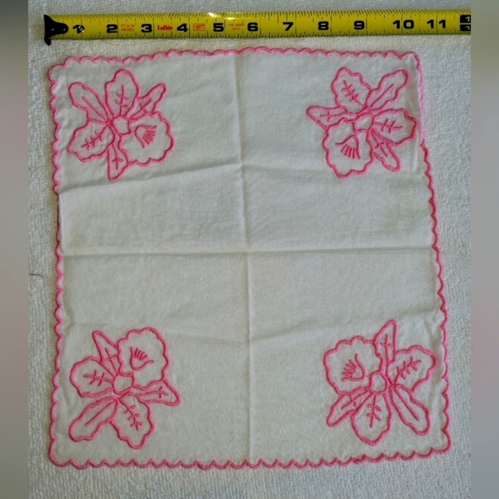 Antique Vintage Handkerchief White Hanky Pink Flowers  Edges Embroidered